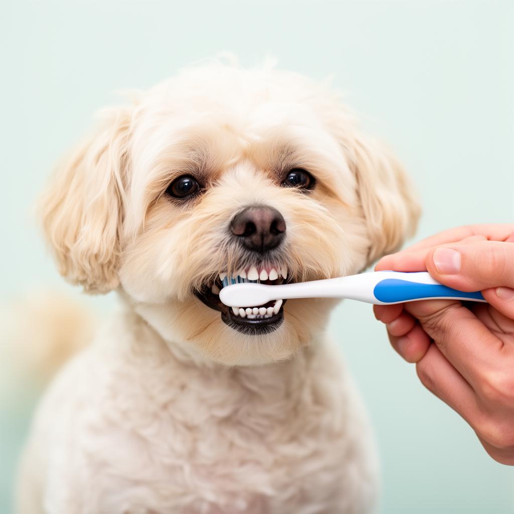 Small fluffy dog getting its teeth brushed with a pet toothbrush — Basic Teeth Brushing by Pawsionate Mobile Grooming Rockwall TX